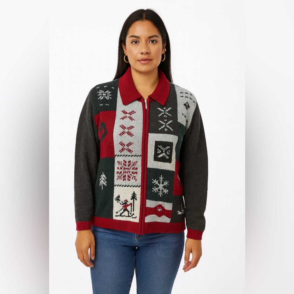 Vtg Y2K snowflake winter zip down cardigan